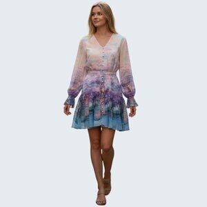 DALIA MACPHEE Purple Multi Floral Button Down Dress Long Sleeve Ruffled Lrge NWT